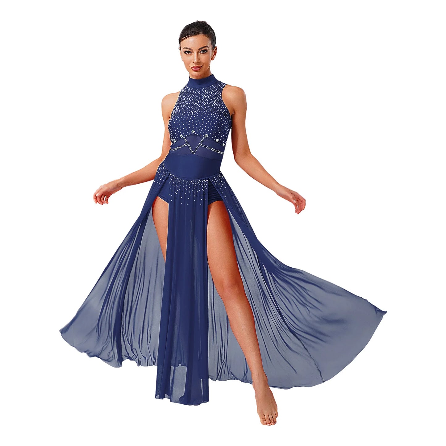 Womens Ballet Lyrical Dance Costumes Sequin Mesh Tulle Flowy Maxi Long Dress Built-In Briefs Morden Contemporary Dancewear