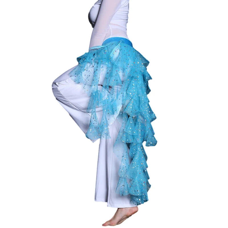 Women's Belly Dance Mesh Sequins Hip Scarf Wrap Skirts High Low Ruffle Mesh Waist Chain Belt Party Dance Costume Accessories
