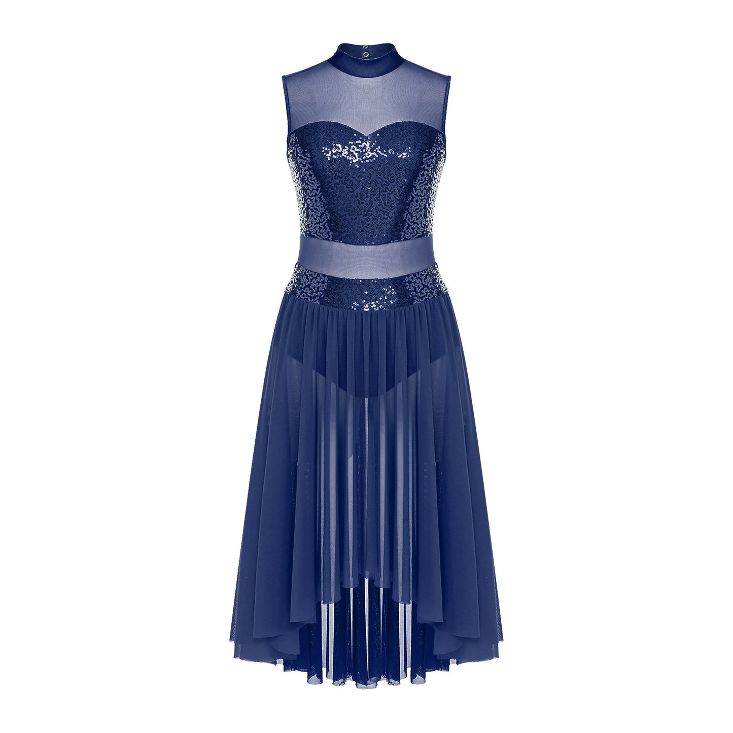 Navy Blue Sequin Bodice with Sheer Mesh Skirt – Dance Dress with Criss-Cross Back, Ballroom & Party Gown