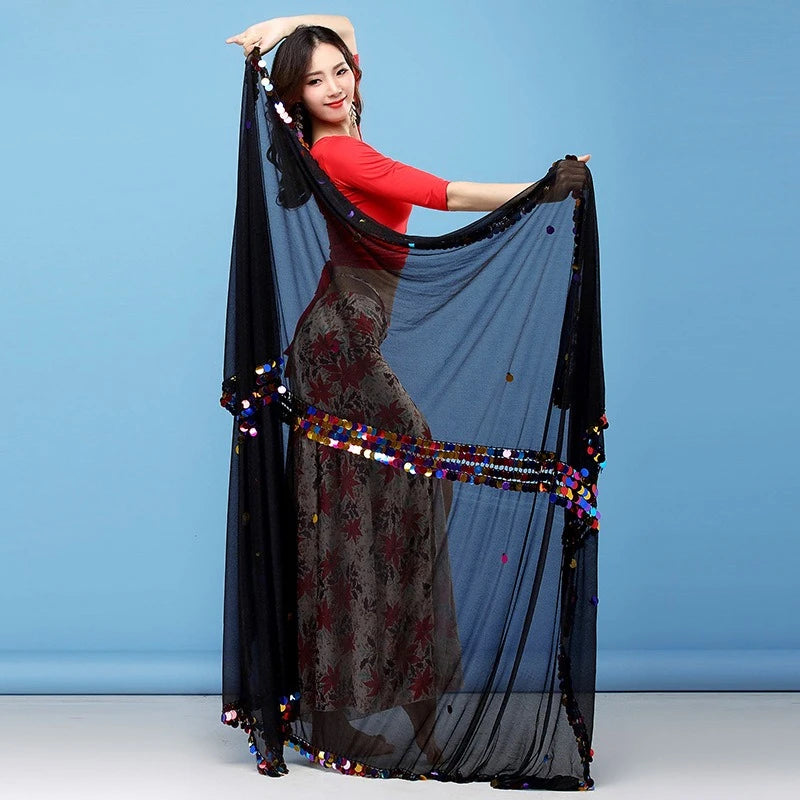 Vibrant Red Drape Shawl with Multicolor Pom-Pom Trim – Flowing Dance Cape, Festival Shawl, Decorative Red Drapery for Stage & Fashion