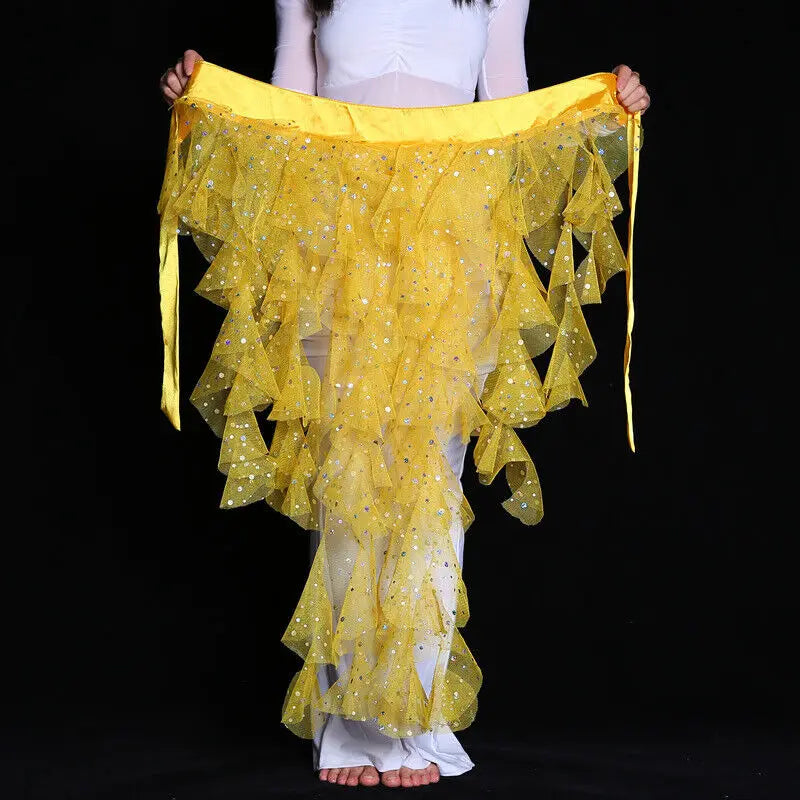 Women's Belly Dance Mesh Sequins Hip Scarf Wrap Skirts High Low Ruffle Mesh Waist Chain Belt Party Dance Costume Accessories