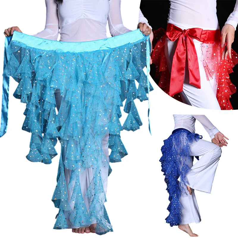 Women's Belly Dance Mesh Sequins Hip Scarf Wrap Skirts High Low Ruffle Mesh Waist Chain Belt Party Dance Costume Accessories