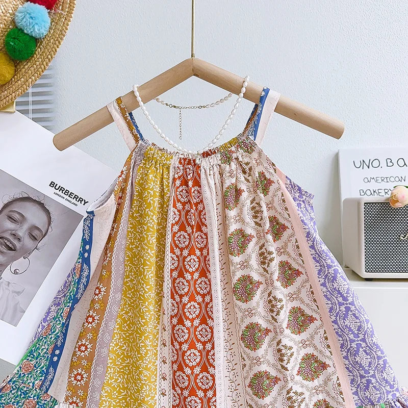 Girls Casual Dresses Vintage Print Sleeveless Halter Dress Kids Clothes Girls Flower Girl Dresses for Weddings for 2 To 7 Years