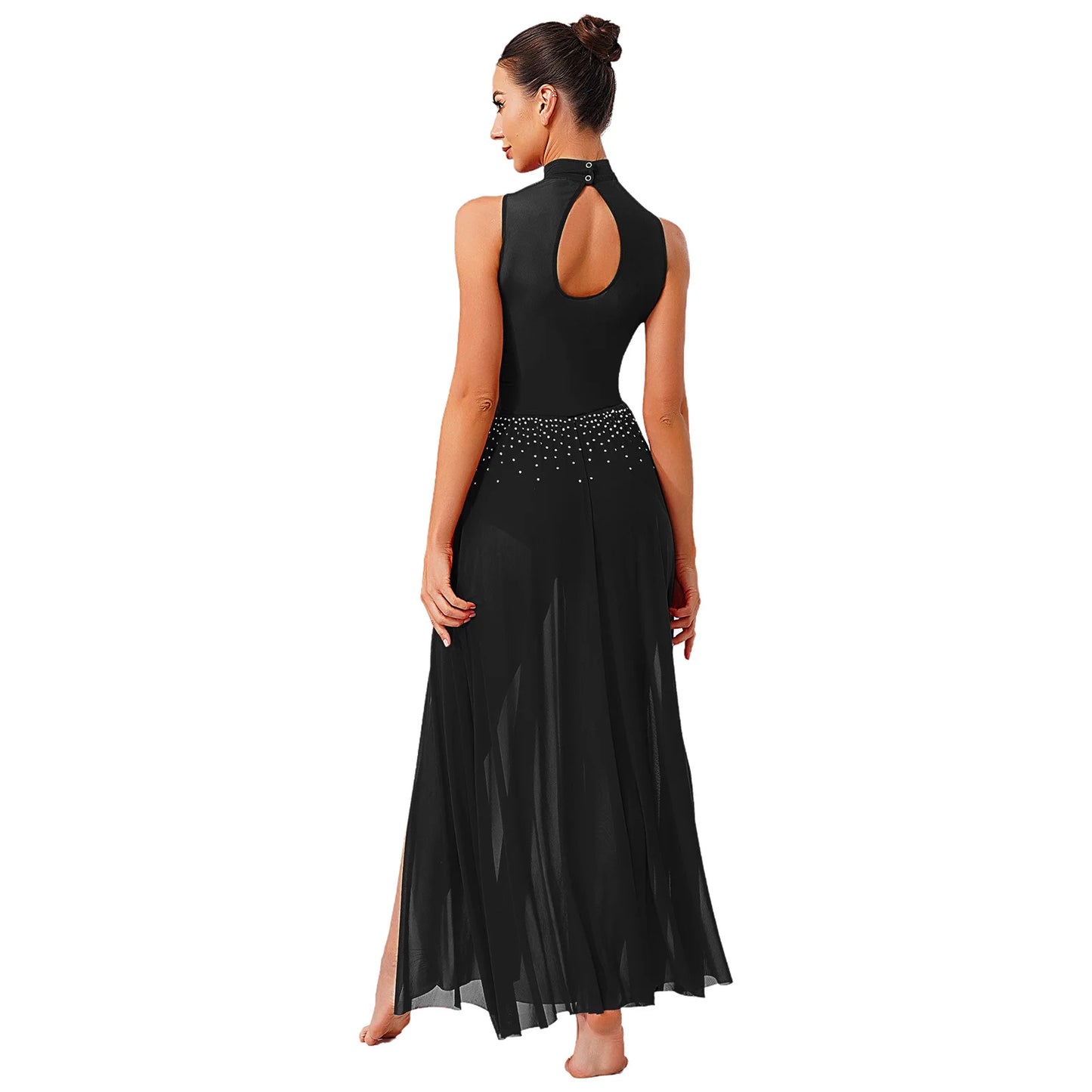 Womens Ballet Lyrical Dance Costumes Sequin Mesh Tulle Flowy Maxi Long Dress Built-In Briefs Morden Contemporary Dancewear