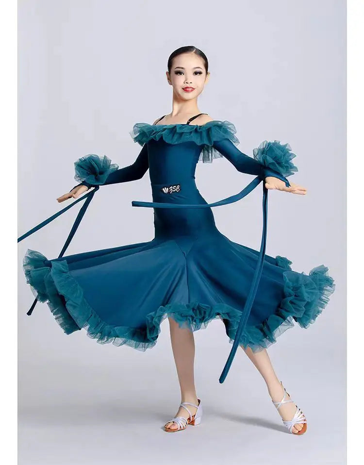 Customized Modern Dance Dress for Girls Kid's National Standard Dance Waltz Professional Competition Regulations Practice Skirt