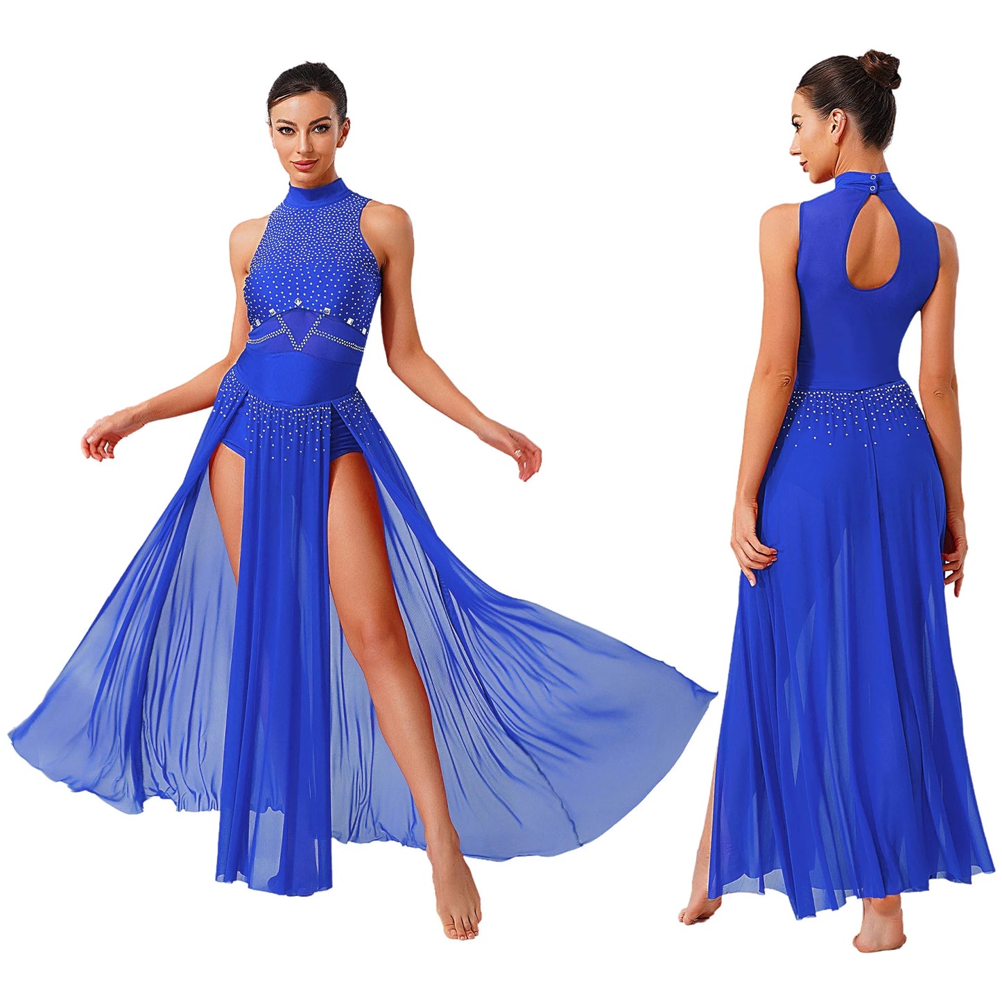 Womens Ballet Lyrical Dance Costumes Sequin Mesh Tulle Flowy Maxi Long Dress Built-In Briefs Morden Contemporary Dancewear