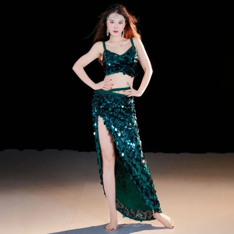 Emerald Green Sequin Skirt with Matching Crop Top – Sparkling Dance Dress, Stage Performance Gown, Ethereal Evening Ensemble