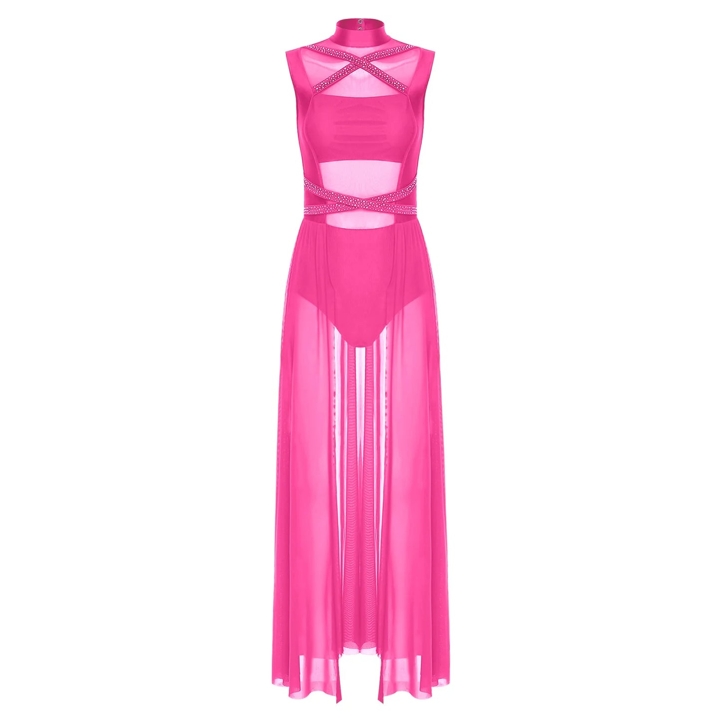 Womens Ballet Lyrical Dance Costumes Sequin Mesh Tulle Flowy Maxi Long Dress Built-In Briefs Morden Contemporary Dancewear