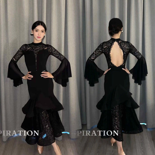 2024 Ballroom Dance Clothes Women Black Lace Tops Fishbone Skirt Long Sleeves Competition Dress Adult Waltz Dance Costume L13955