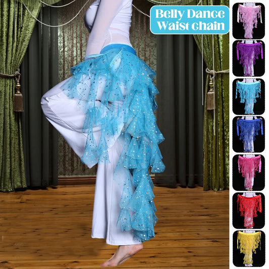 Women's Belly Dance Mesh Sequins Hip Scarf Wrap Skirts High Low Ruffle Mesh Waist Chain Belt Party Dance Costume Accessories