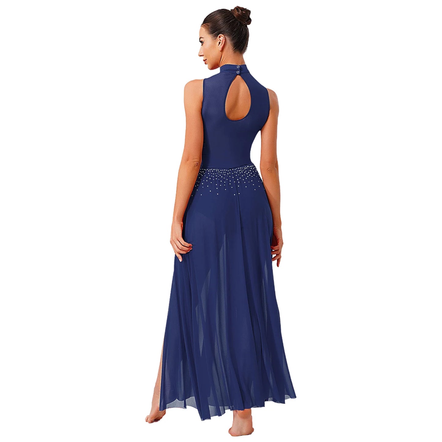 Womens Ballet Lyrical Dance Costumes Sequin Mesh Tulle Flowy Maxi Long Dress Built-In Briefs Morden Contemporary Dancewear