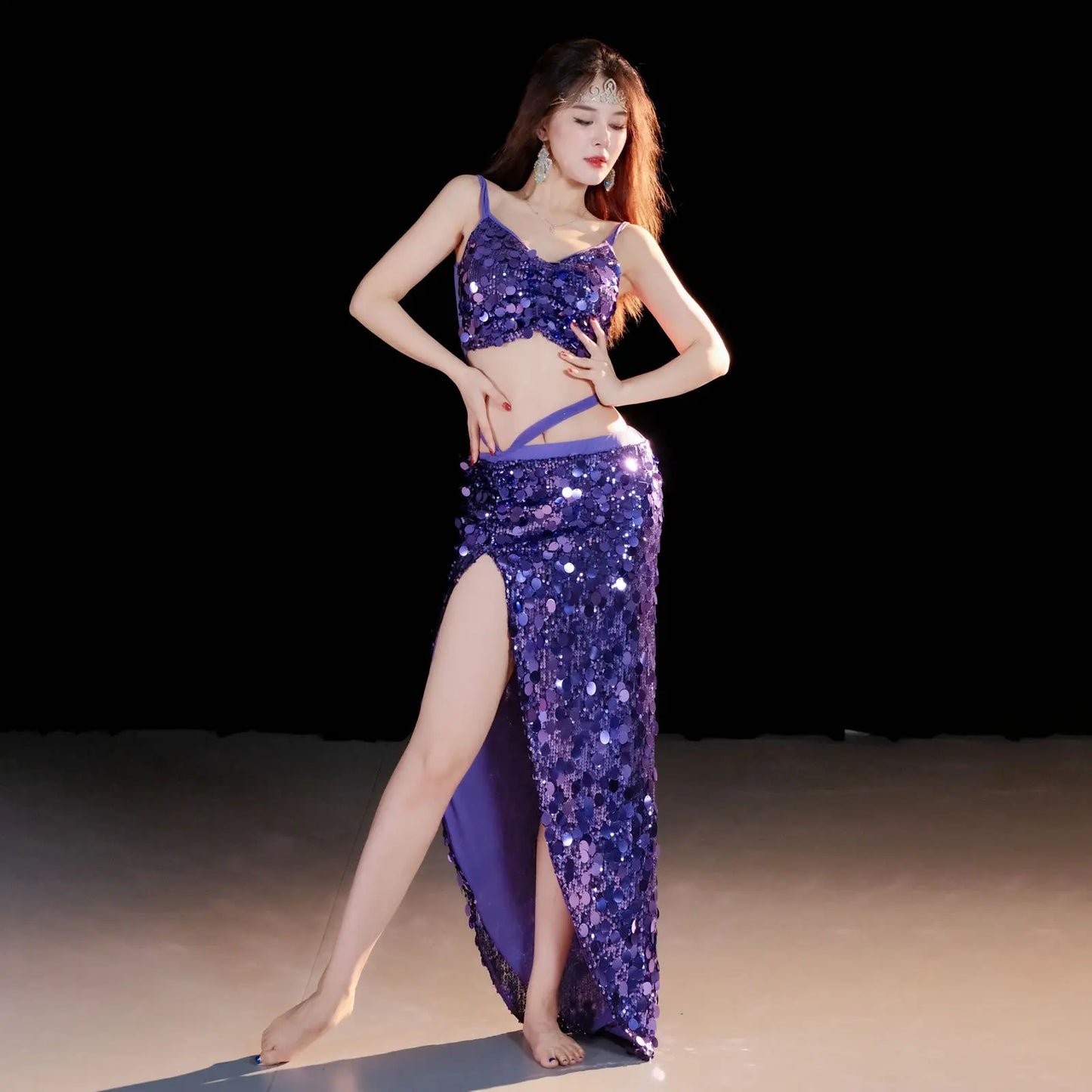 Emerald Green Sequin Skirt with Matching Crop Top – Sparkling Dance Dress, Stage Performance Gown, Ethereal Evening Ensemble