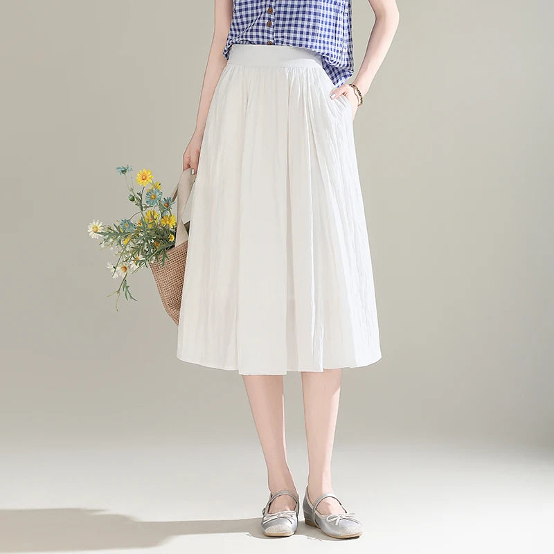 ZUZK French White Midi Skirt For Women 2025 Summer Thin New Medium Long Comfortable Cool A-line Skirt Casual Skirt