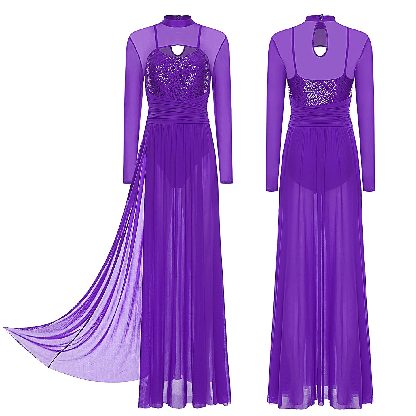 Womens Ballet Lyrical Dance Costumes Sequin Mesh Tulle Flowy Maxi Long Dress Built-In Briefs Morden Contemporary Dancewear