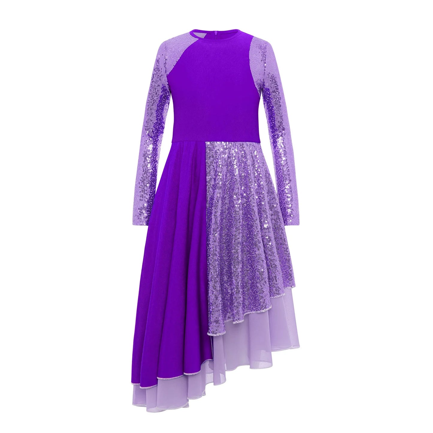 Vibrant Two-Tone Dance Dress with Sheer Lace Sleeves – Asymmetric Pink & Purple Gowns for Stage, Ballroom, and Showcases