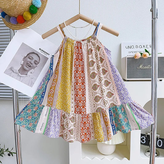 Girls Casual Dresses Vintage Print Sleeveless Halter Dress Kids Clothes Girls Flower Girl Dresses for Weddings for 2 To 7 Years