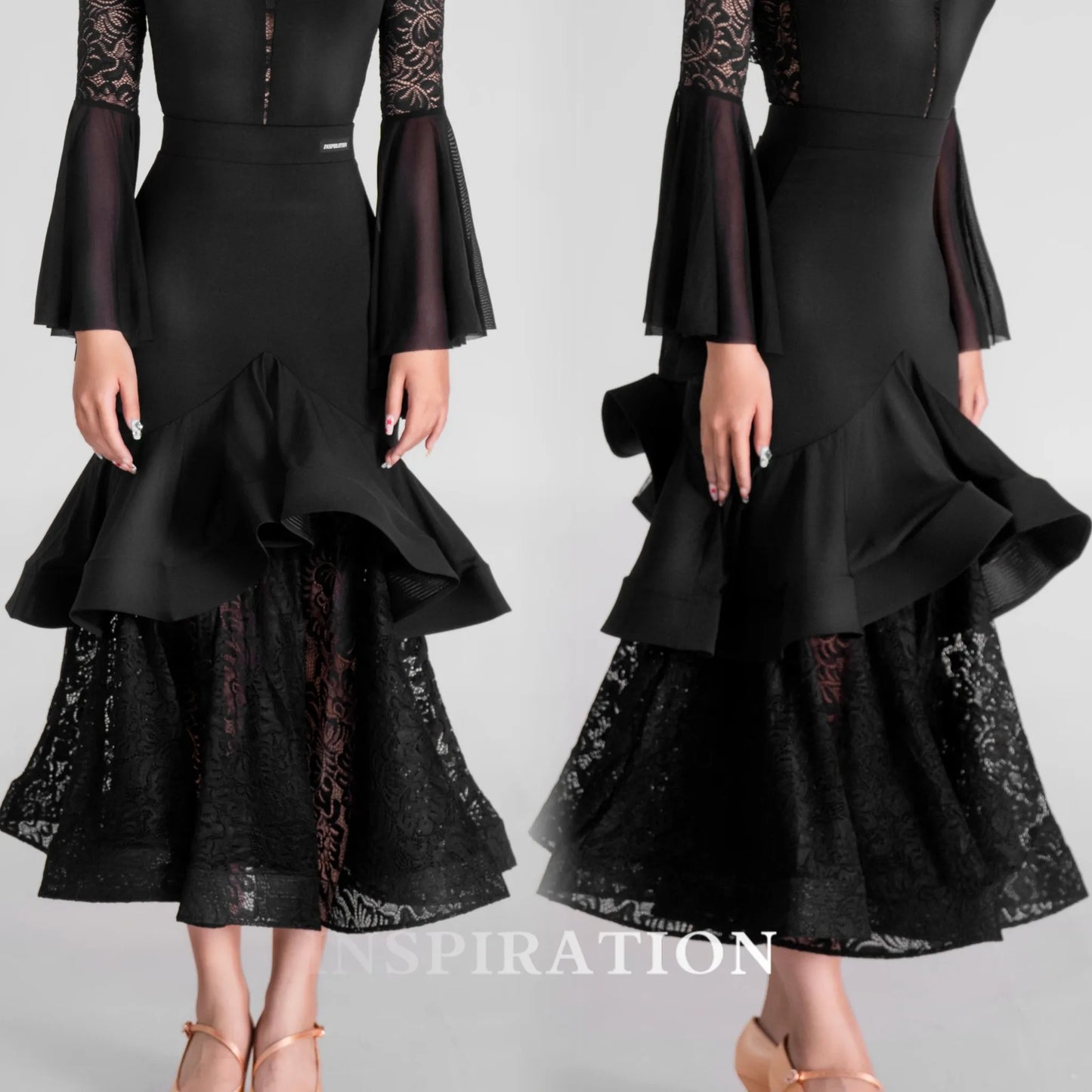 2024 Ballroom Dance Clothes Women Black Lace Tops Fishbone Skirt Long Sleeves Competition Dress Adult Waltz Dance Costume L13955