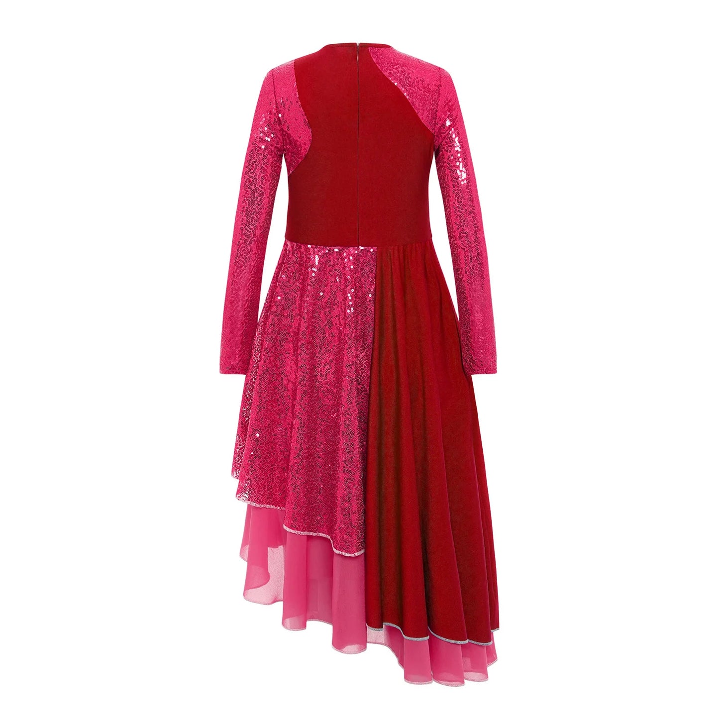 Vibrant Two-Tone Dance Dress with Sheer Lace Sleeves – Asymmetric Pink & Purple Gowns for Stage, Ballroom, and Showcases
