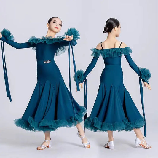Customized Modern Dance Dress for Girls Kid's National Standard Dance Waltz Professional Competition Regulations Practice Skirt