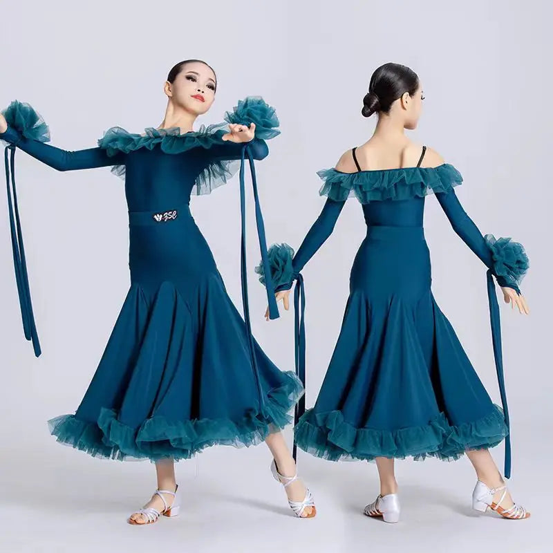 Customized Modern Dance Dress for Girls Kid's National Standard Dance Waltz Professional Competition Regulations Practice Skirt