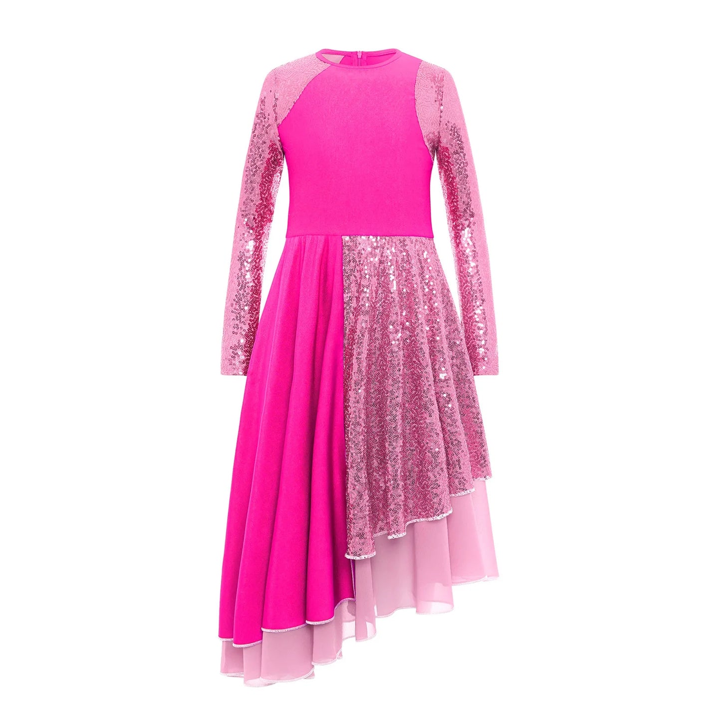Vibrant Two-Tone Dance Dress with Sheer Lace Sleeves – Asymmetric Pink & Purple Gowns for Stage, Ballroom, and Showcases