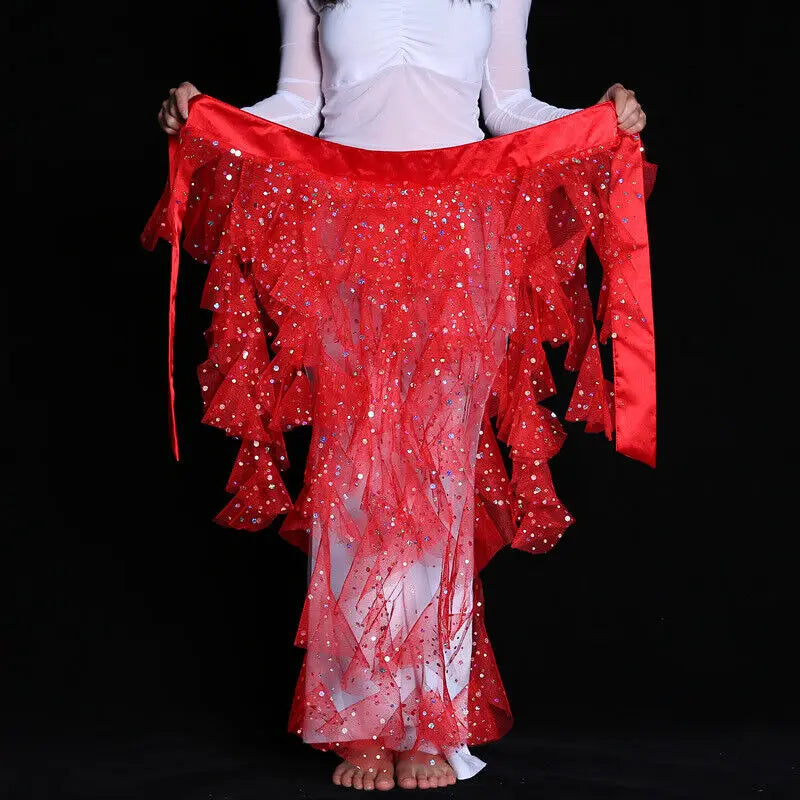 Women's Belly Dance Mesh Sequins Hip Scarf Wrap Skirts High Low Ruffle Mesh Waist Chain Belt Party Dance Costume Accessories