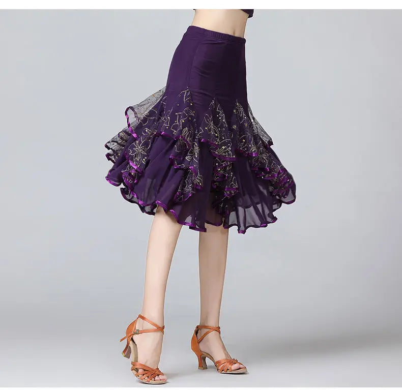 Square Dance/National Standard Modern Social Dance Big Swing Skirt Embroidered Square Dance Half Body Skirt Waltz Dance Skirt