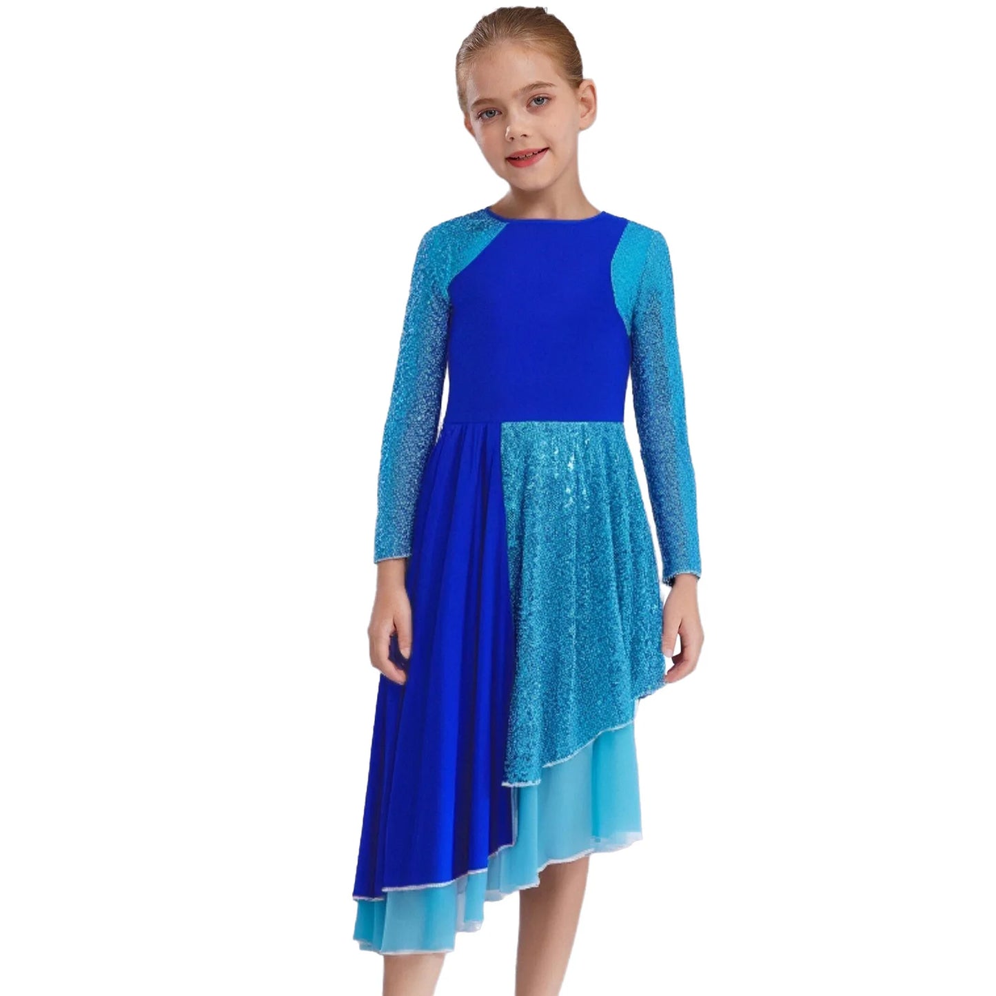 Vibrant Two-Tone Dance Dress with Sheer Lace Sleeves – Asymmetric Pink & Purple Gowns for Stage, Ballroom, and Showcases