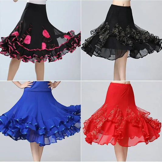 Square Dance/National Standard Modern Social Dance Big Swing Skirt Embroidered Square Dance Half Body Skirt Waltz Dance Skirt