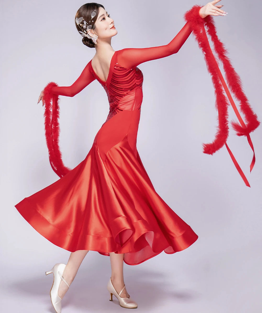 Stage Costume Streamers Standard Dance Dresses Competition Waltz Ballroom Dress for Competition Elegant Purple Long Sleeves Red