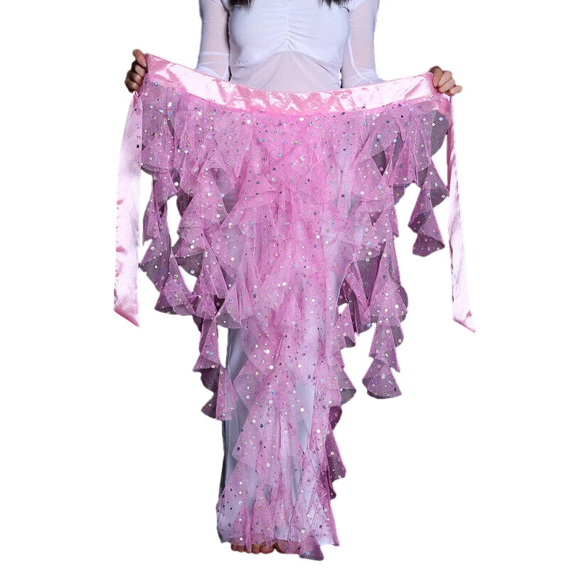 Women's Belly Dance Mesh Sequins Hip Scarf Wrap Skirts High Low Ruffle Mesh Waist Chain Belt Party Dance Costume Accessories