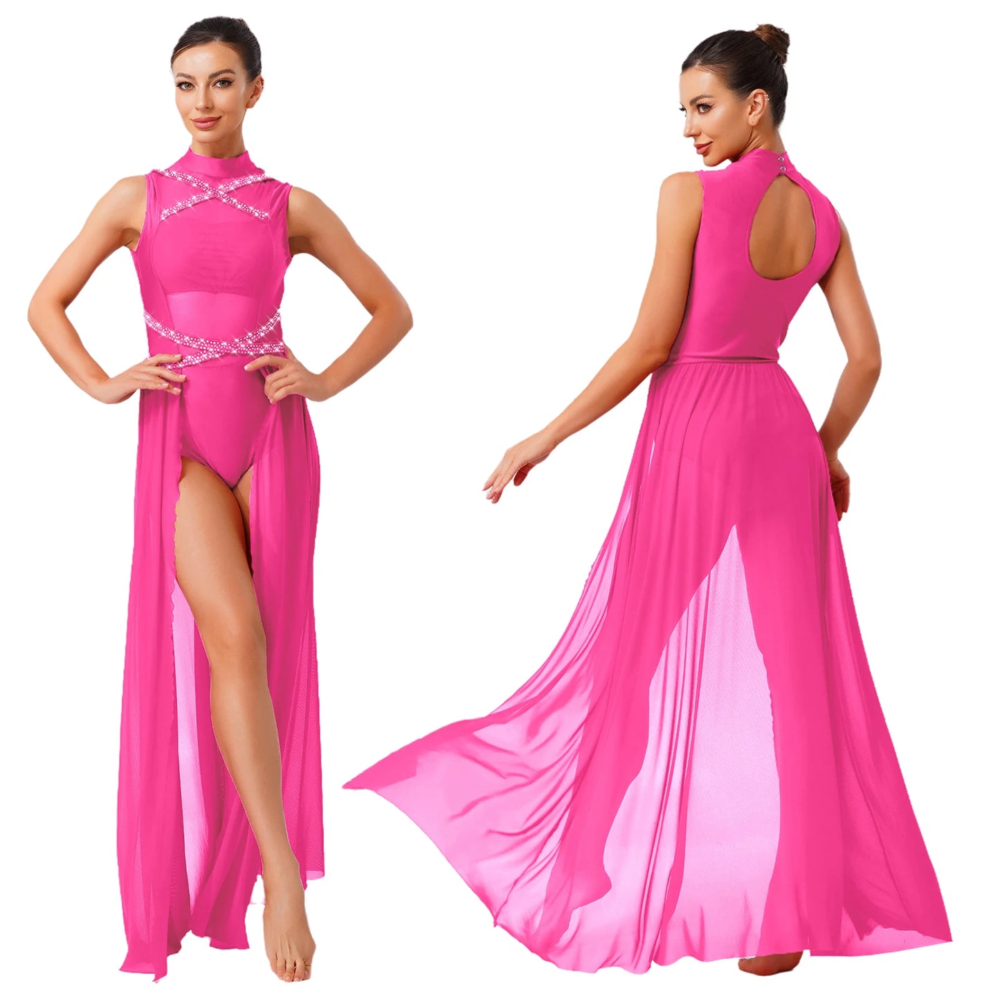 Womens Ballet Lyrical Dance Costumes Sequin Mesh Tulle Flowy Maxi Long Dress Built-In Briefs Morden Contemporary Dancewear