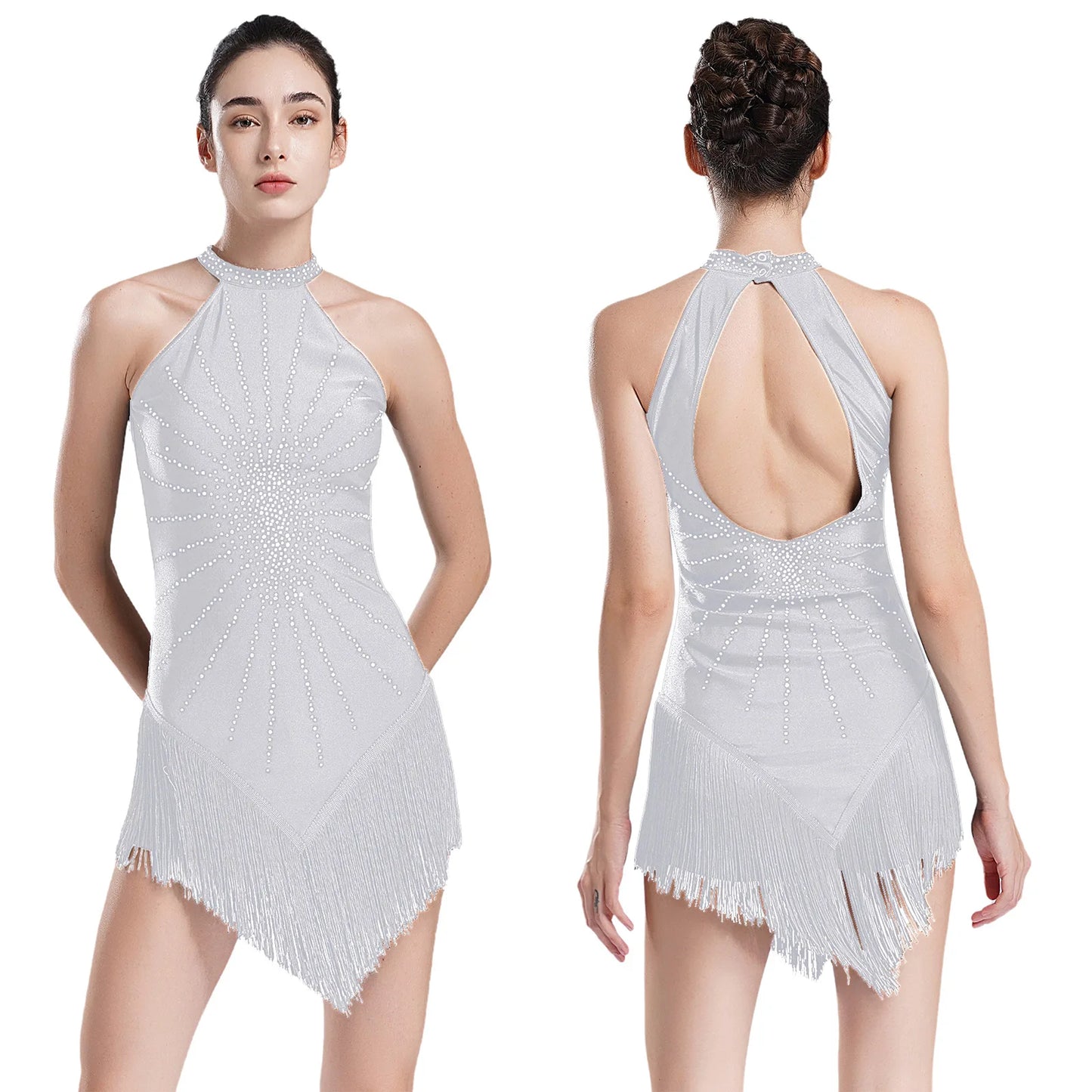 Elegant White Halter Bodysuit with Sheer Mesh & Flowing Cape – Couture Bridal Resort Wear, Photo-Ready Runway Gown