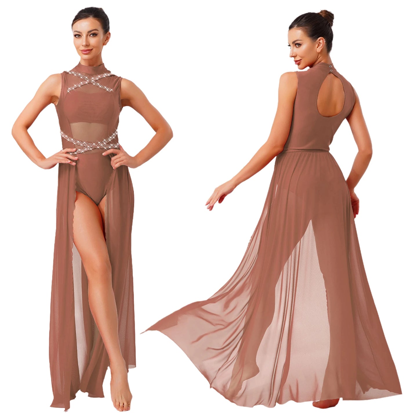 Womens Ballet Lyrical Dance Costumes Sequin Mesh Tulle Flowy Maxi Long Dress Built-In Briefs Morden Contemporary Dancewear