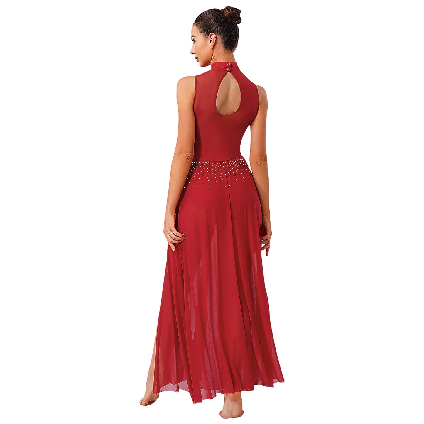 Womens Ballet Lyrical Dance Costumes Sequin Mesh Tulle Flowy Maxi Long Dress Built-In Briefs Morden Contemporary Dancewear