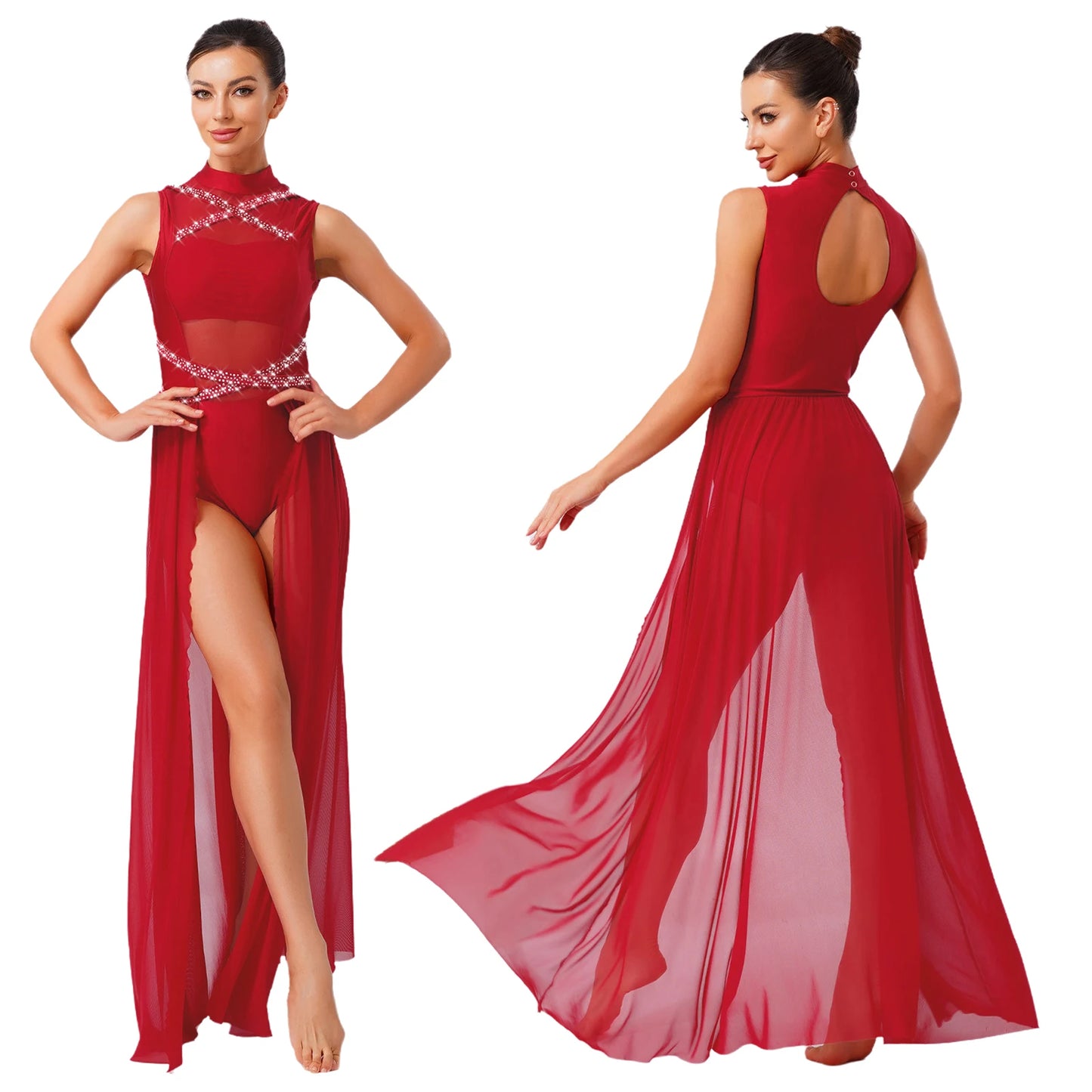 Womens Ballet Lyrical Dance Costumes Sequin Mesh Tulle Flowy Maxi Long Dress Built-In Briefs Morden Contemporary Dancewear
