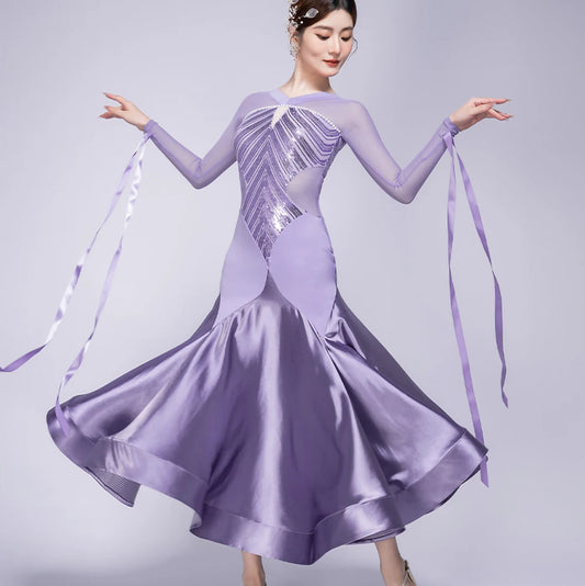 Stage Costume Streamers Standard Dance Dresses Competition Waltz Ballroom Dress for Competition Elegant Purple Long Sleeves Red