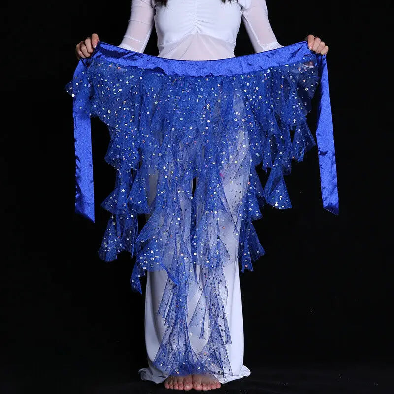 Women's Belly Dance Mesh Sequins Hip Scarf Wrap Skirts High Low Ruffle Mesh Waist Chain Belt Party Dance Costume Accessories