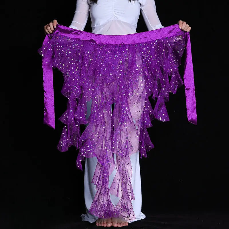 Women's Belly Dance Mesh Sequins Hip Scarf Wrap Skirts High Low Ruffle Mesh Waist Chain Belt Party Dance Costume Accessories