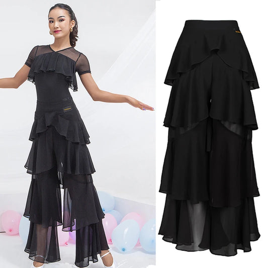 Latin Practice Clothes Modern Dance Pants Women'S High Waist Four-Layer Ruffled Trousers National Standard Dance Costumes SL4863