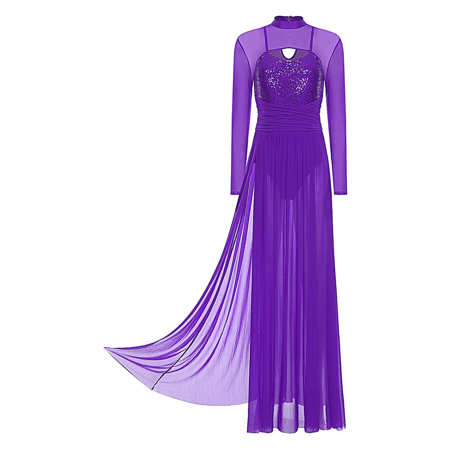 Womens Ballet Lyrical Dance Costumes Sequin Mesh Tulle Flowy Maxi Long Dress Built-In Briefs Morden Contemporary Dancewear