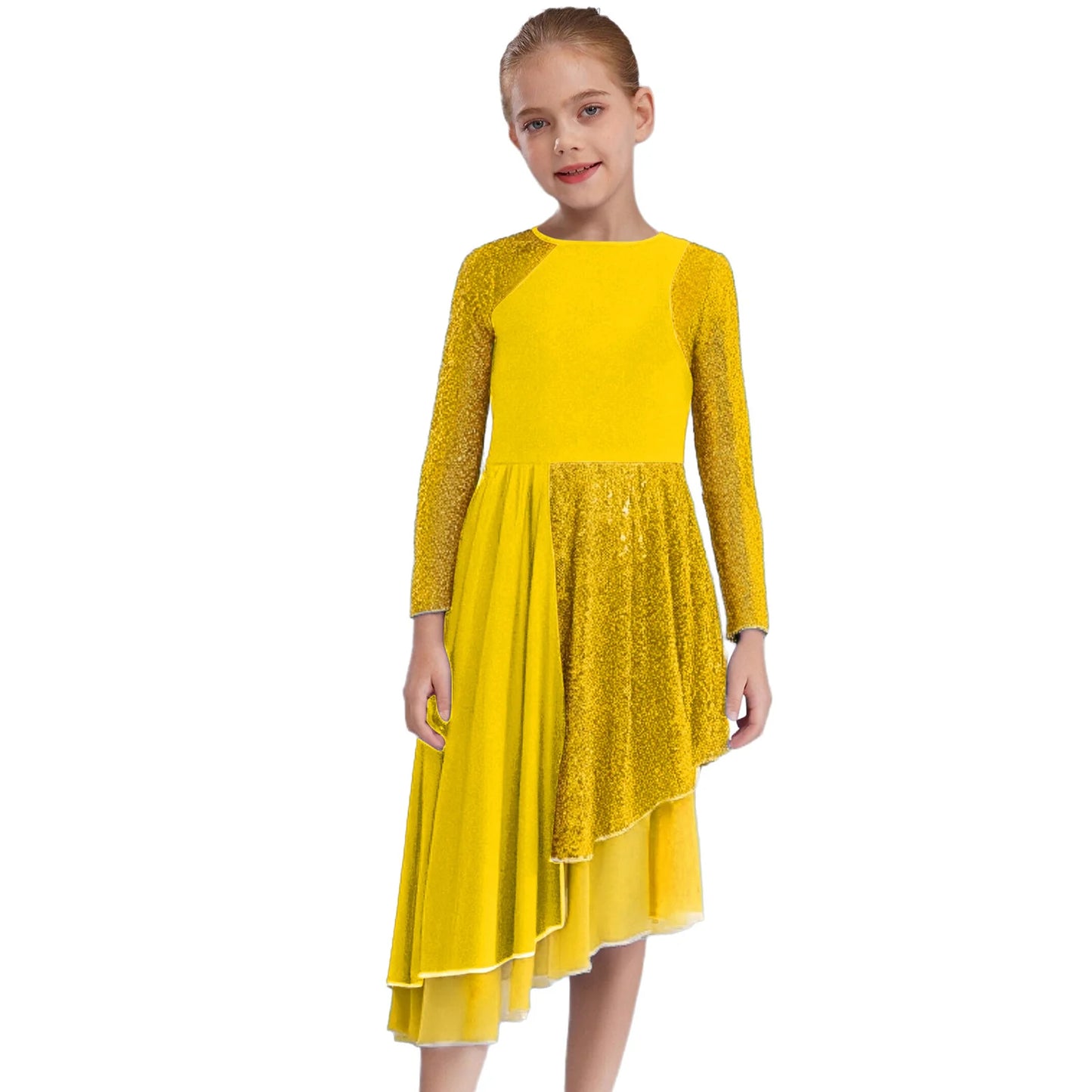 Vibrant Two-Tone Dance Dress with Sheer Lace Sleeves – Asymmetric Pink & Purple Gowns for Stage, Ballroom, and Showcases