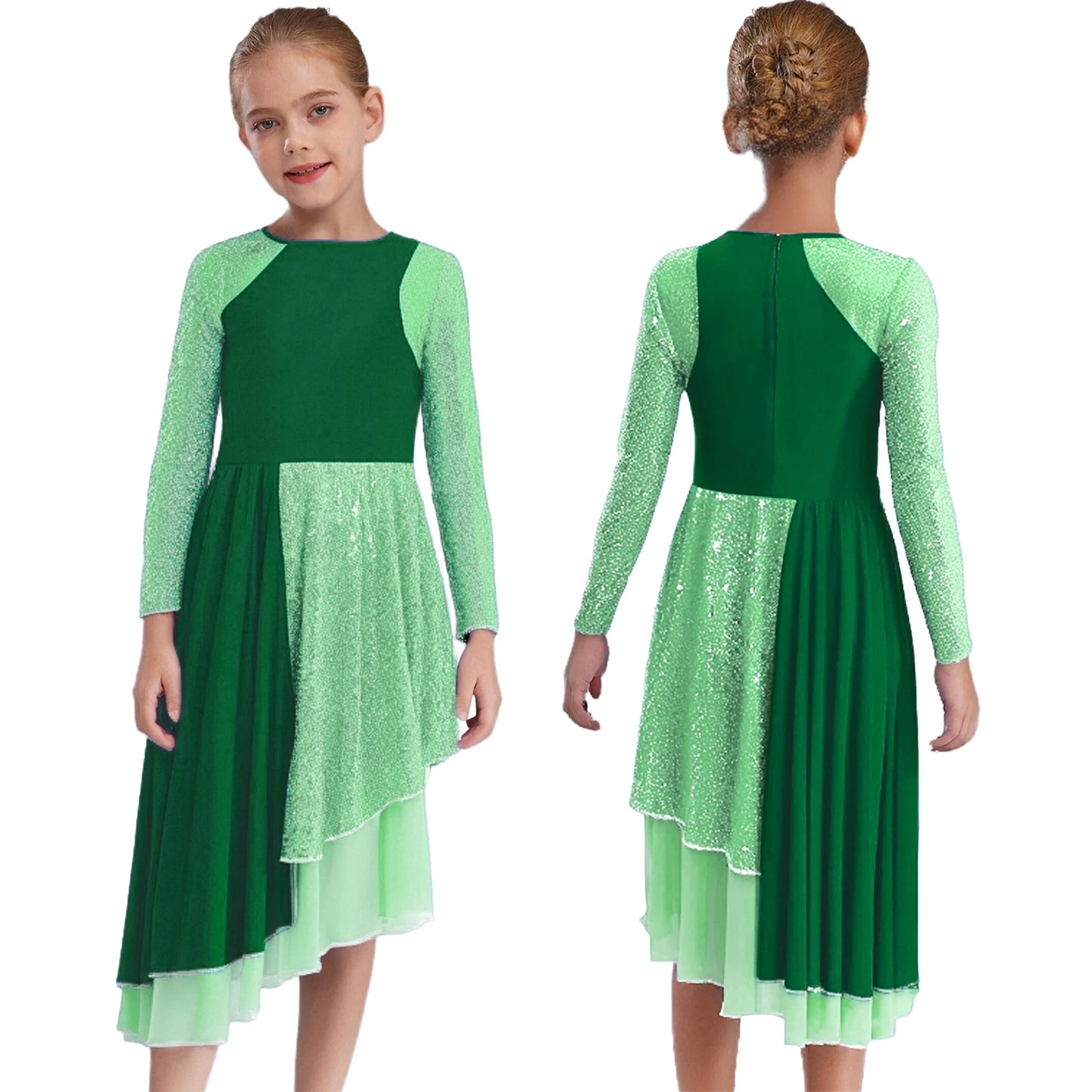 Vibrant Two-Tone Dance Dress with Sheer Lace Sleeves – Asymmetric Pink & Purple Gowns for Stage, Ballroom, and Showcases