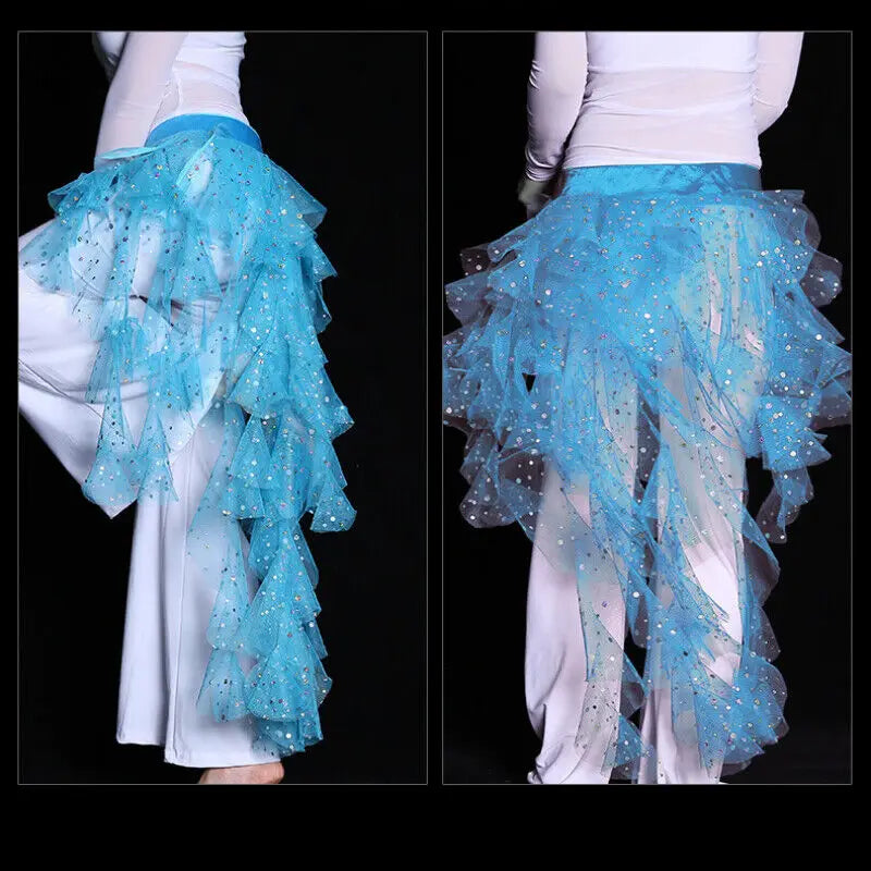 Women's Belly Dance Mesh Sequins Hip Scarf Wrap Skirts High Low Ruffle Mesh Waist Chain Belt Party Dance Costume Accessories