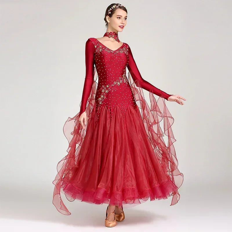 Women Competition Standard Modern Dancing Clothes Long Sleeve Waltz Stage Costumes Ballroom Dance Dress