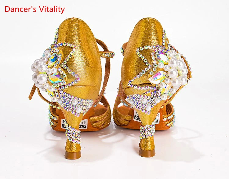 Latin Dance Shoes Female Adult Soft Sole with National Standard Professional Dance Shoes Diamond-studded Latin Shoes