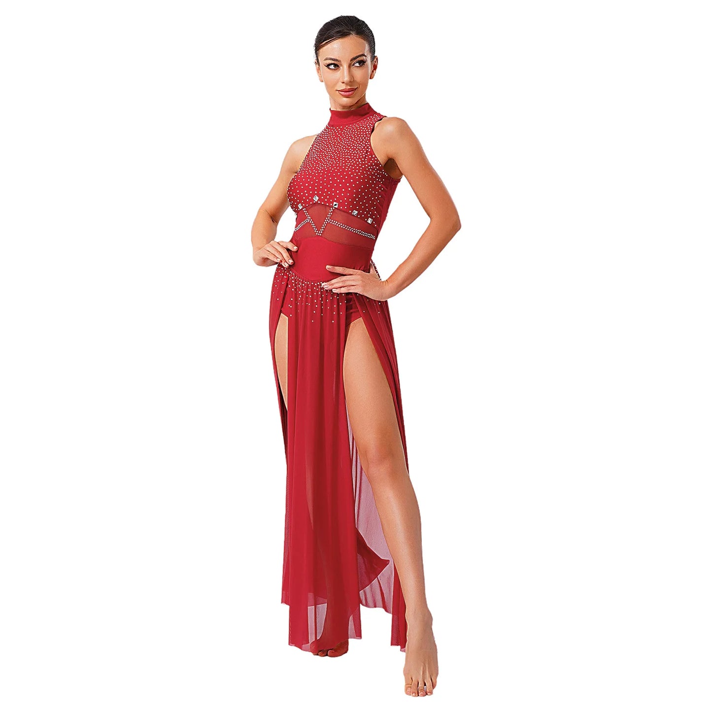 Womens Ballet Lyrical Dance Costumes Sequin Mesh Tulle Flowy Maxi Long Dress Built-In Briefs Morden Contemporary Dancewear
