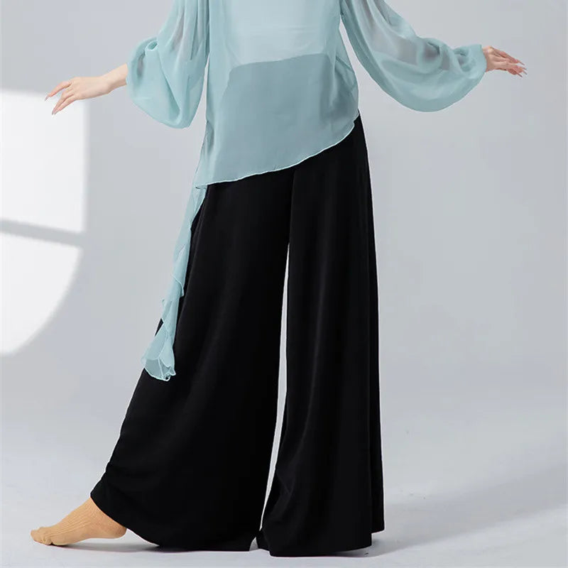 Women Dance Skirt Pant Stage Clothes Classical Modern National Dancer Practice Culottes Wide Leg Flowy Hanfu Folk Body Show
