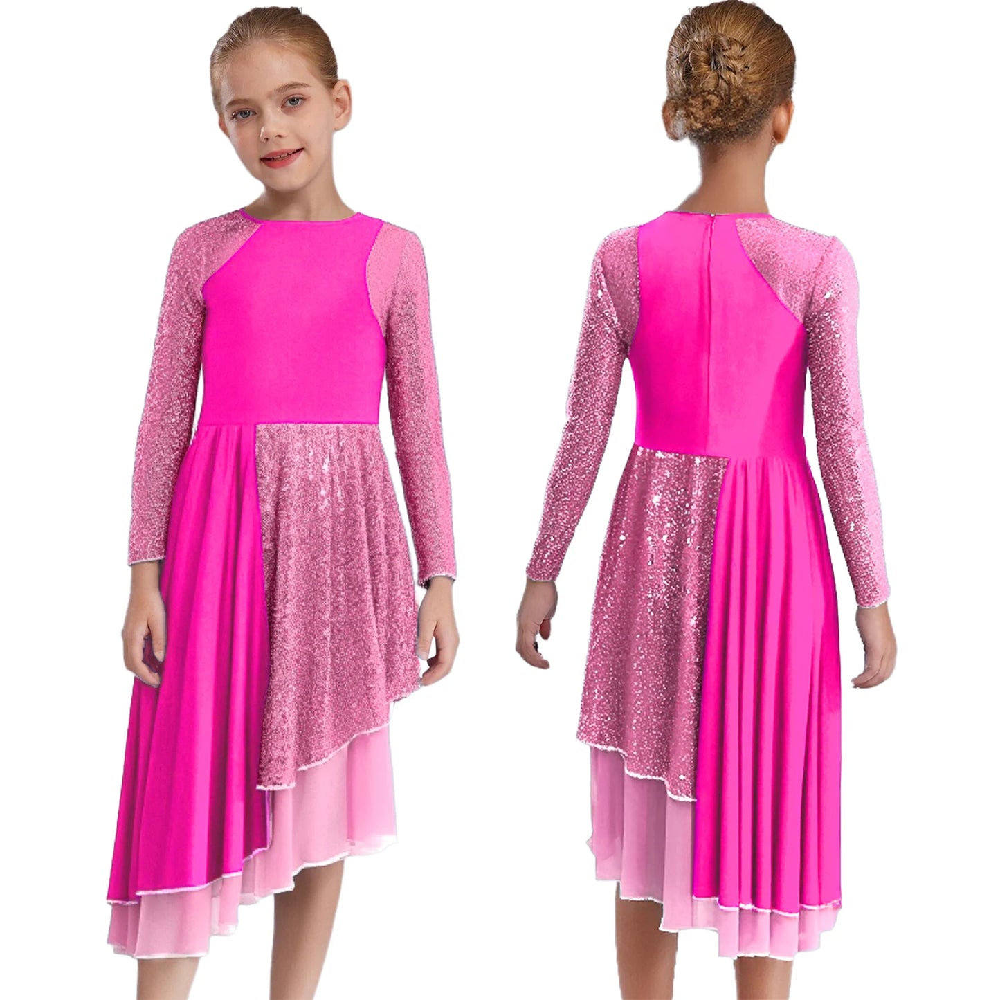 Vibrant Two-Tone Dance Dress with Sheer Lace Sleeves – Asymmetric Pink & Purple Gowns for Stage, Ballroom, and Showcases