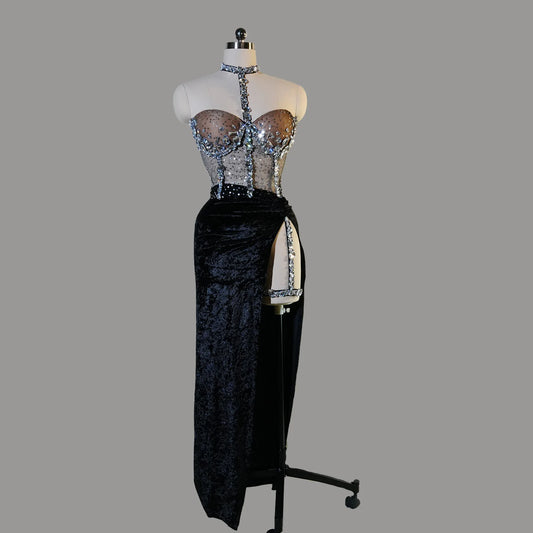 Glamorous Diamond Dance Dress Women Sexy Long Skirt Stage Costume Singer Performance Outfit Elastic Waist GoGo Nightclub Wear